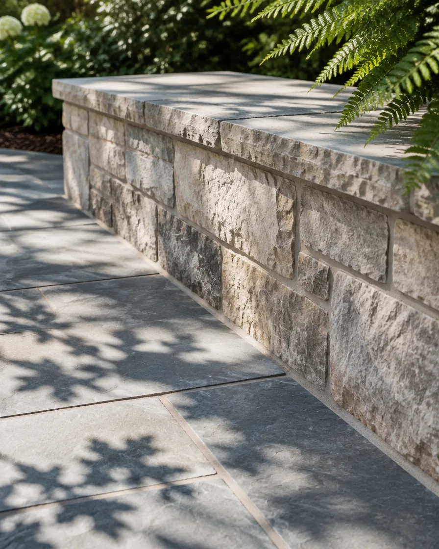 Design inspiration: precise natural stone joints and bluestone paving in soft garden light