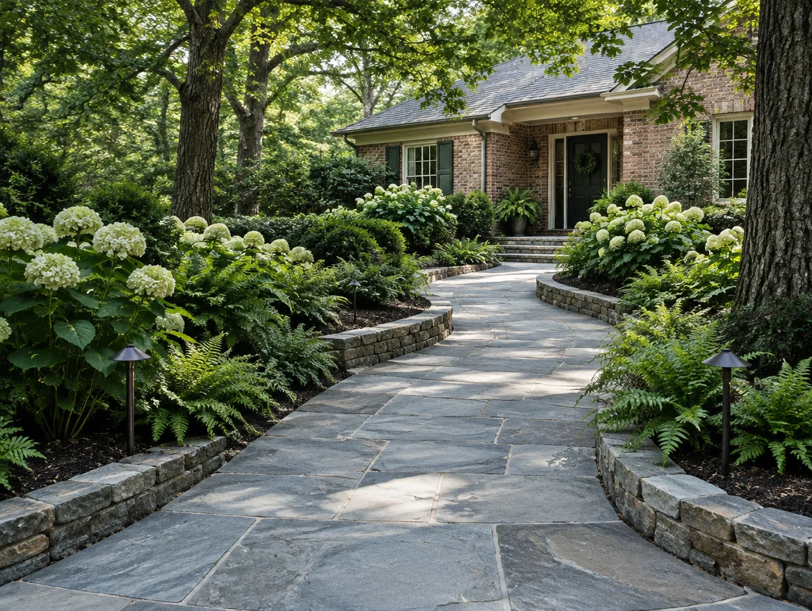 Design inspiration: a bluestone garden walkway leading to a Maryland-style home