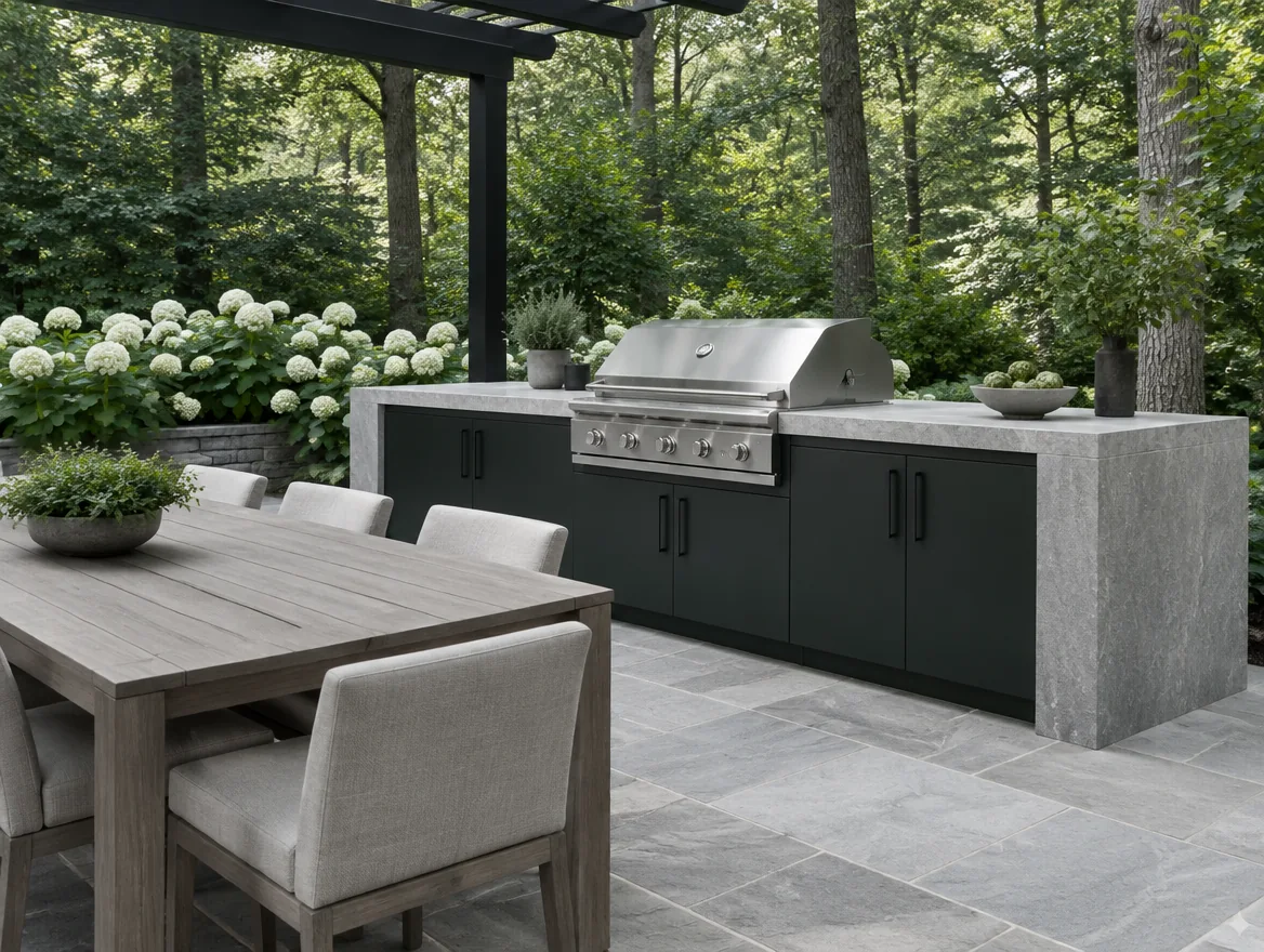Design inspiration: stone outdoor kitchen with a grill and garden dining area